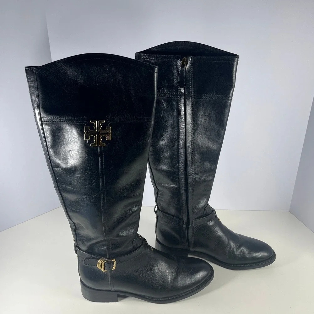 Tory Burch Eloise Tall Riding Boots Womens 7M Black Leather Knee High Equestrian